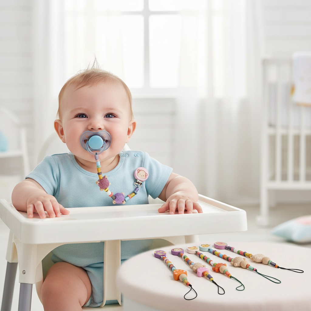 Baby with pacifier clip attached to pacifier